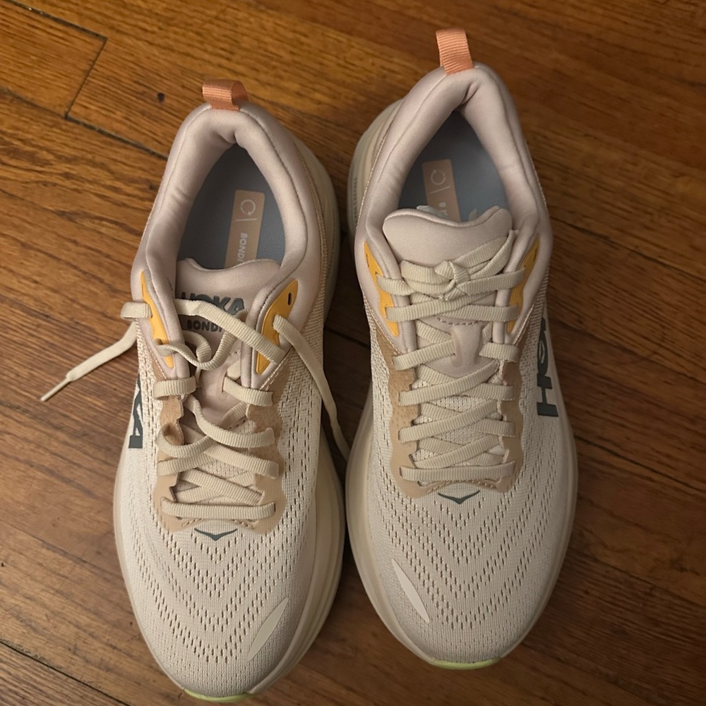 Hoka Women's Athletic Running Shoes in Beige with Yellow Accents